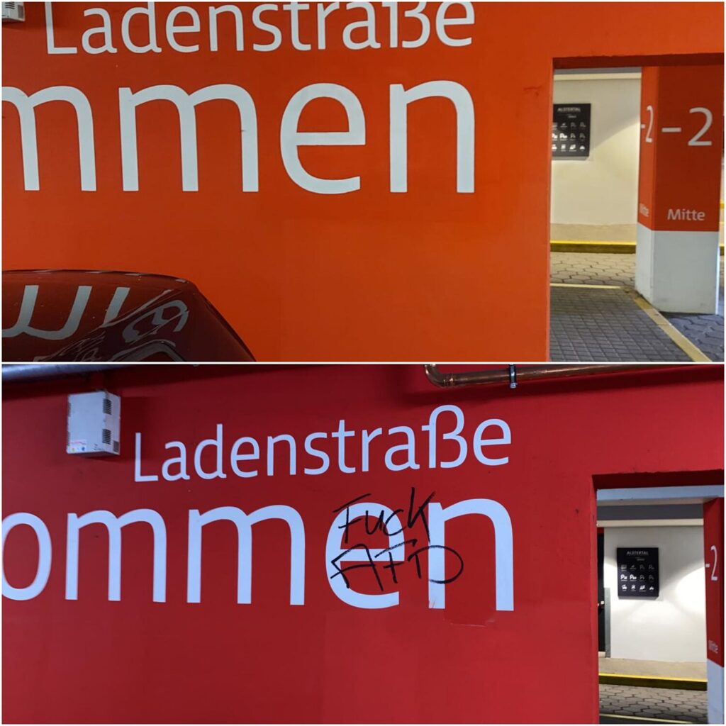 Permanent-Marker Entfernung im Parkhaus vorher und nachher