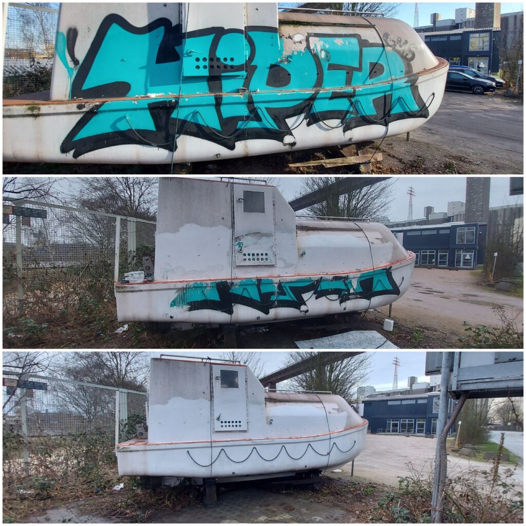 Graffitientfernung auf einem Boot mit vorher-nachher Vergleich