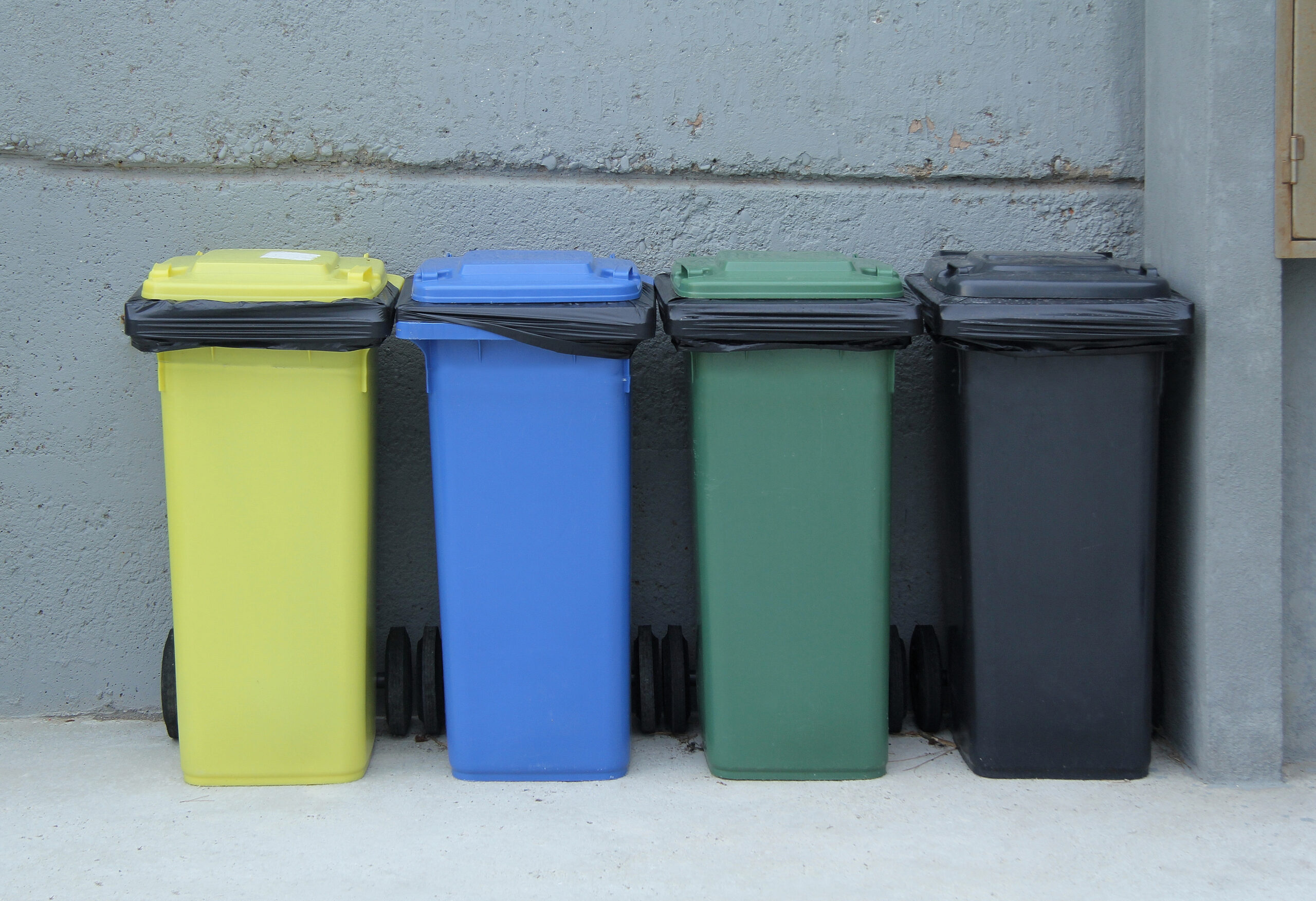 Müllcontainer in gelb, blau, grün und schwarz